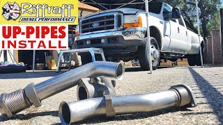 2001 F350 73  RiffRaff UpPipes Install  Stock up pipes leaking and falling apart JUNK SP [upl. by Anohr858]